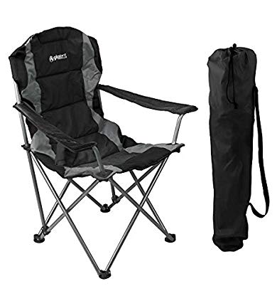 GigaTent Black Folding Camping Chair – Ultra Lightweight Collapsible Quad Padded Lawn Seat with Full Back, Arm Rests, Cup Holder and Shoulder Strap Carrying Bag - Powder Coated Steel Frame