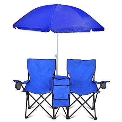 Blue Portable Folding Picnic Double Chair Umbrella Table Cooler Beach Camping Chair New