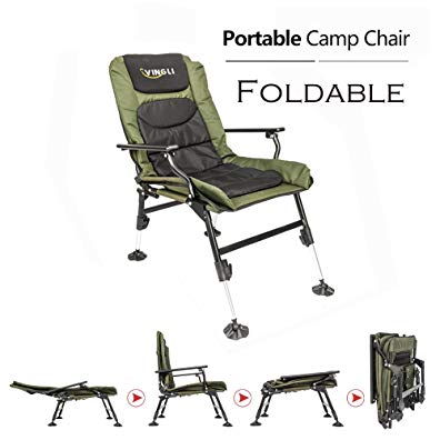 VINGLI 180° Adjustable Reclining Mesh Padded Back Professional Fishing Stool, Foldable Chair, Outdoor Camping/Picnic/Hiking/Beach Portable Chair, Support 350LBS, w/Steel Armrest, FREE Durable Bag