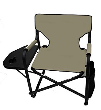 World Outdoor Products Original Deck Master KHAKI FABRIC Portable Folding Directors Chair with Folding Table, Cup Holder and Side Bag