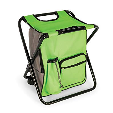 Camco Folding Camping Stool Backpack Cooler Trio- Camping/Hiking Bag with Waterproof Insulated Cooler Pockets and Sturdy Legs for Seating, Great For Travel- Green (51909)